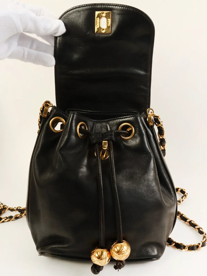 Chanel Around 1995 Made Turn-Lock Mini Drawstring Shoulder Bag With Pouch Black