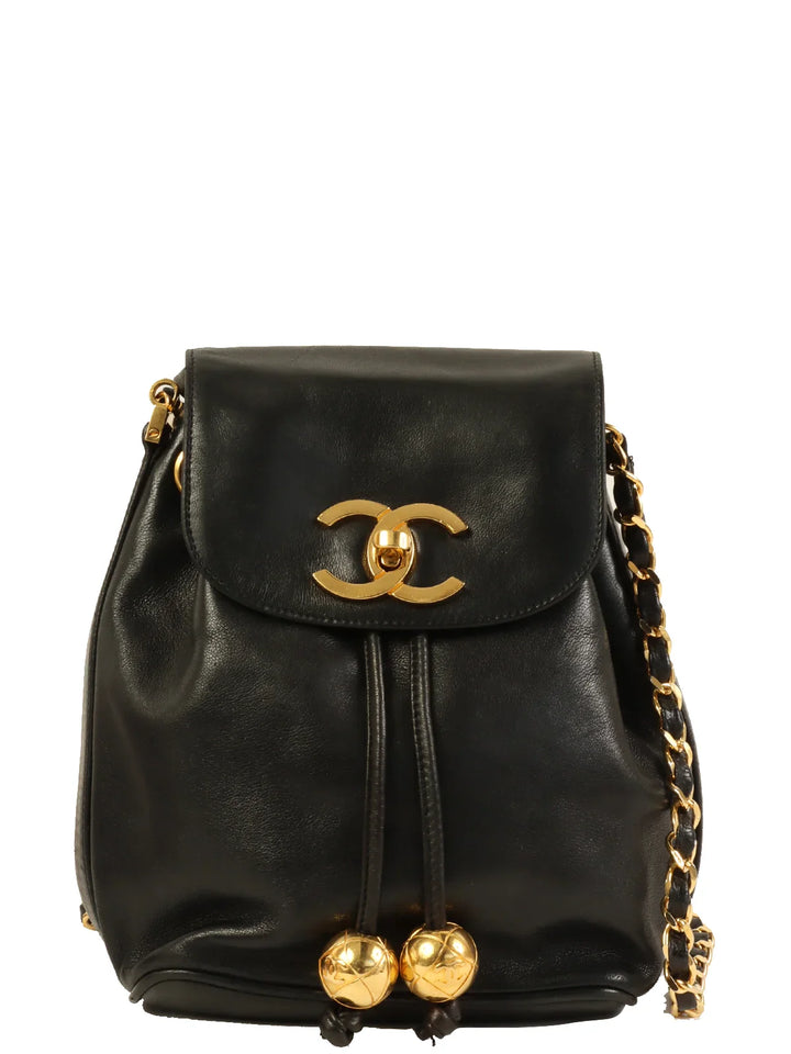 Chanel Around 1995 Made Turn-Lock Mini Drawstring Shoulder Bag With Pouch Black