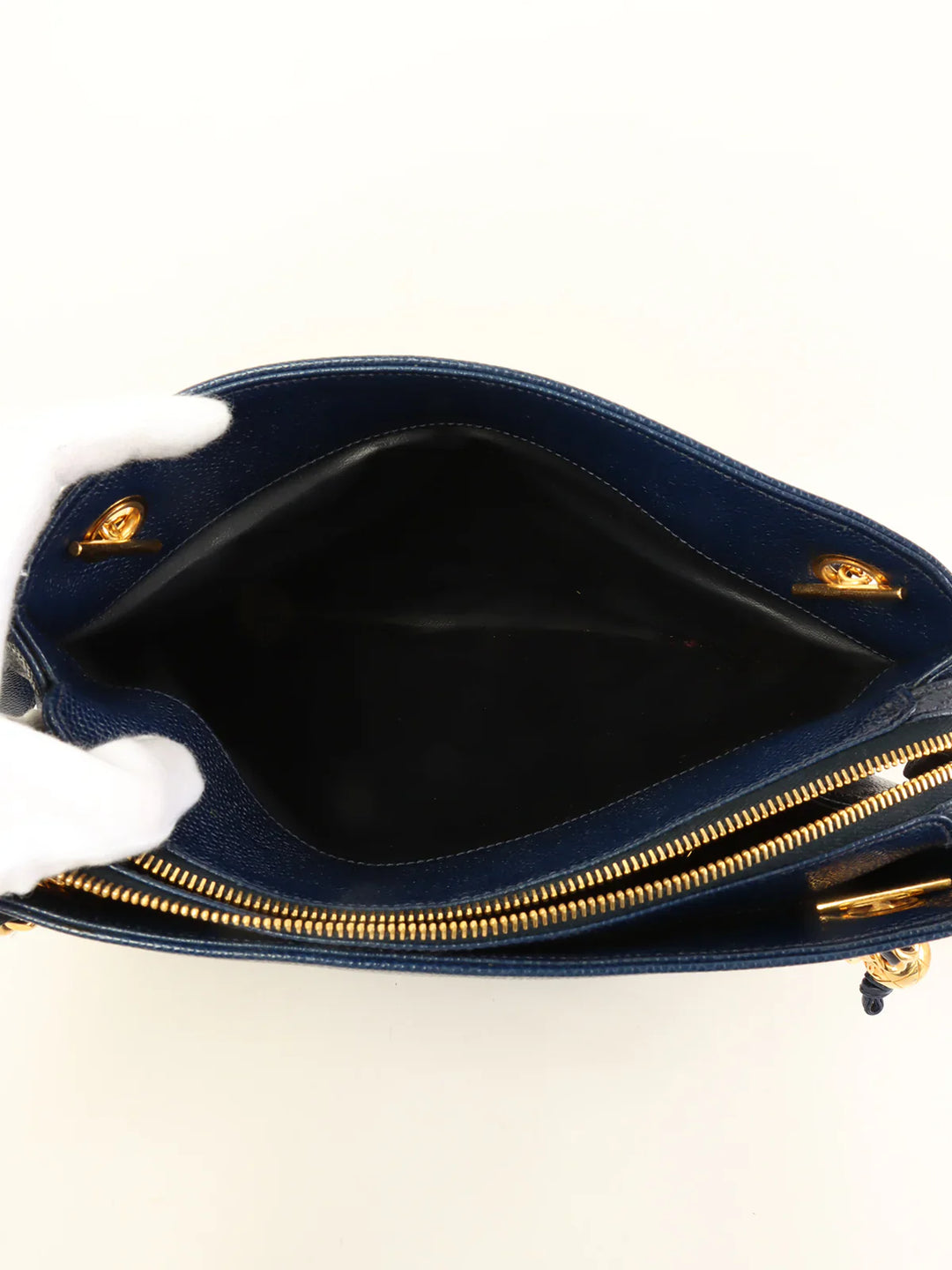 Chanel Around 1992 Made Caviar Skin Cc Mark Stitch Chain Tote Bag Navy