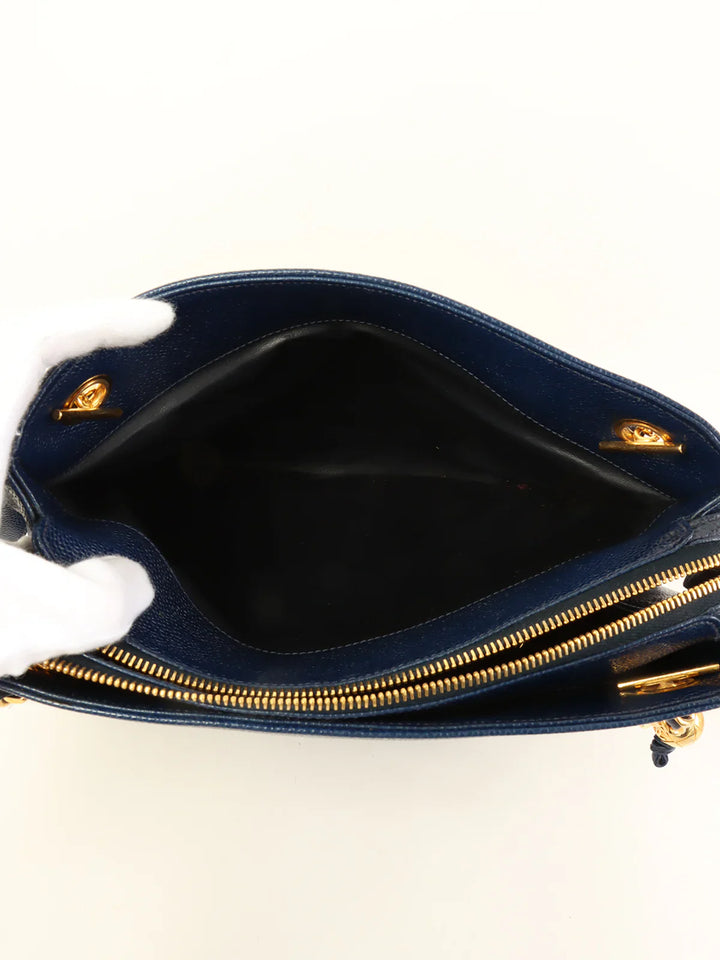Chanel Around 1992 Made Caviar Skin Cc Mark Stitch Chain Tote Bag Navy