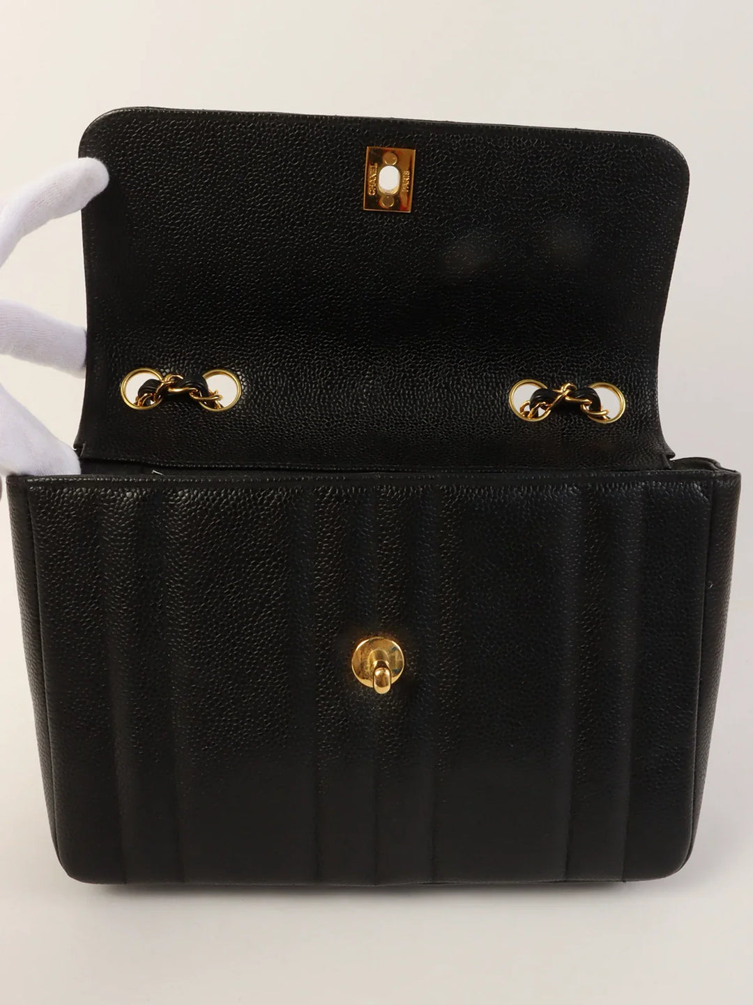 Chanel Around 1995 Made Caviar Skin Mademoiselle Stitch Turn-Lock Chain Bag Black