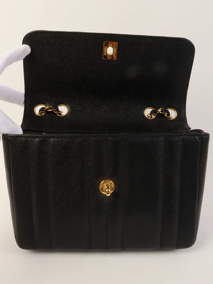 Chanel Around 1995 Made Caviar Skin Mademoiselle Stitch Turn-Lock Chain Bag Black