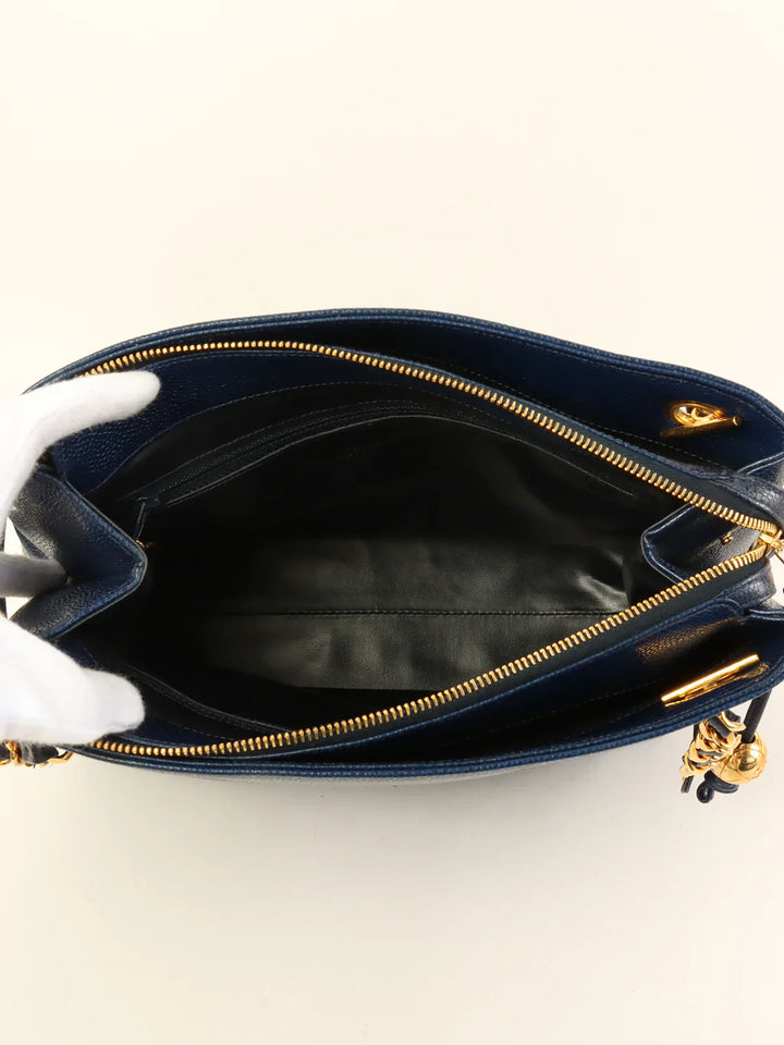Chanel Around 1992 Made Caviar Skin Cc Mark Stitch Chain Tote Bag Navy