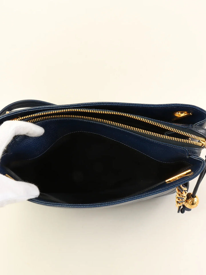 Chanel Around 1992 Made Caviar Skin Cc Mark Stitch Chain Tote Bag Navy