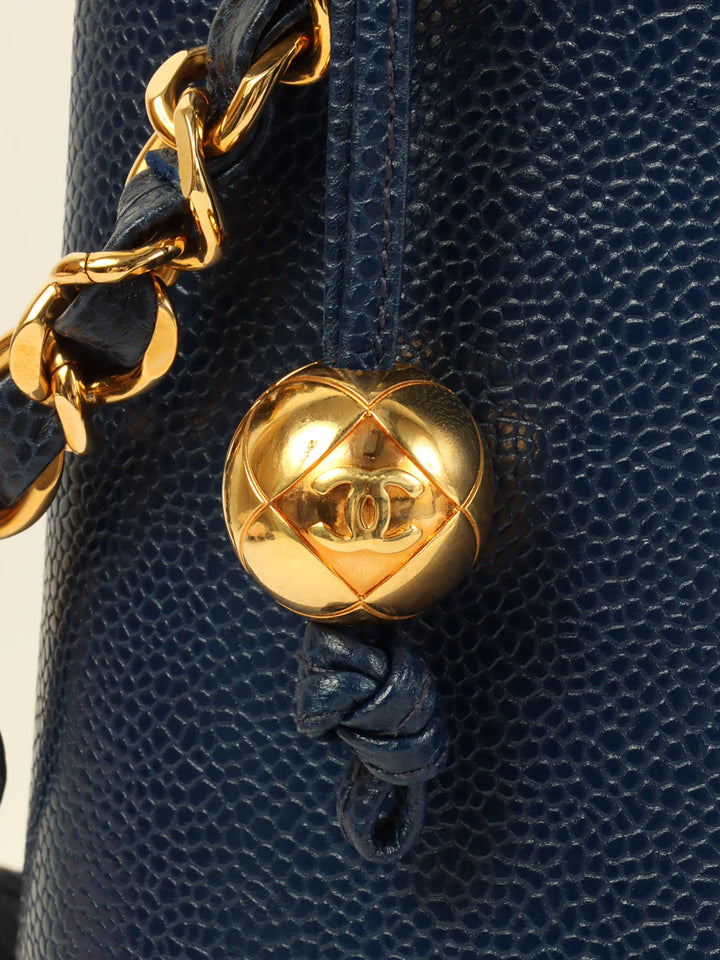 Chanel Around 1992 Made Caviar Skin Cc Mark Stitch Chain Tote Bag Navy