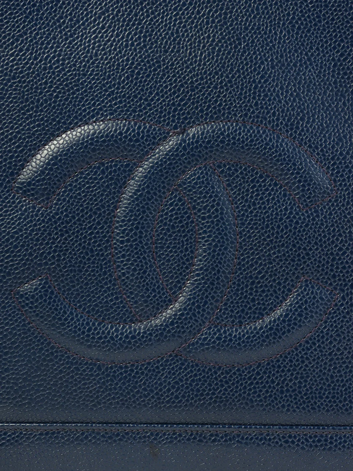 Chanel Around 1992 Made Caviar Skin Cc Mark Stitch Chain Tote Bag Navy