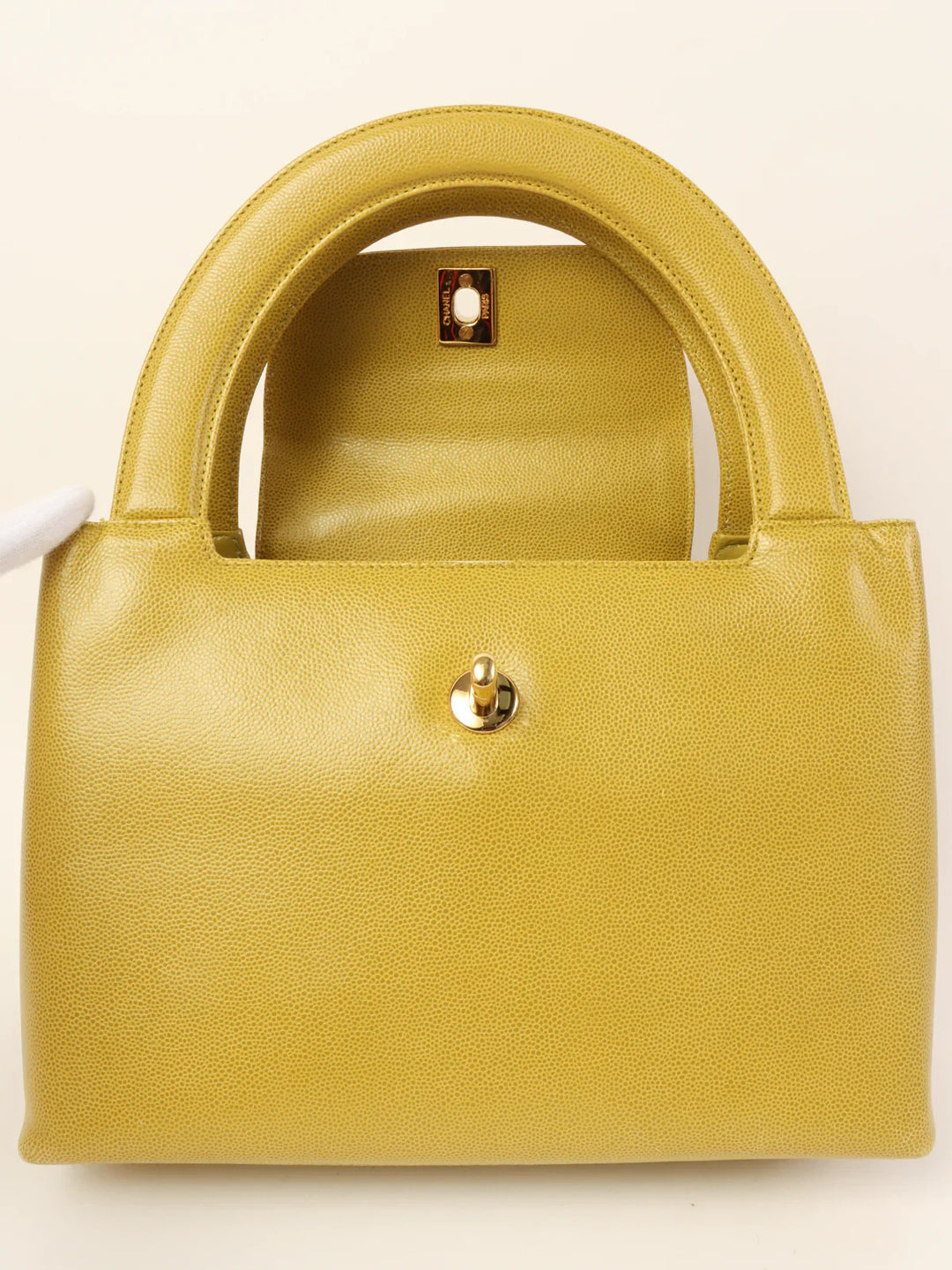 Chanel Around 1998 Made Caviar Skin Turn-Lcok Top Handle Bag Lime Yellow