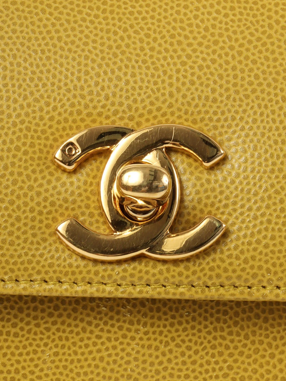 Chanel Around 1998 Made Caviar Skin Turn-Lcok Top Handle Bag Lime Yellow