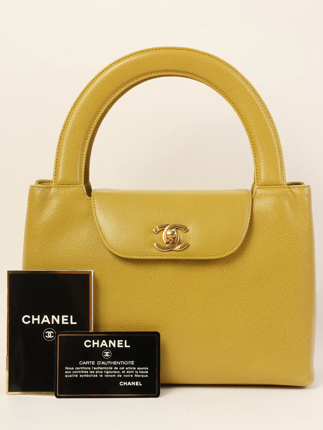 Chanel Around 1998 Made Caviar Skin Turn-Lcok Top Handle Bag Lime Yellow