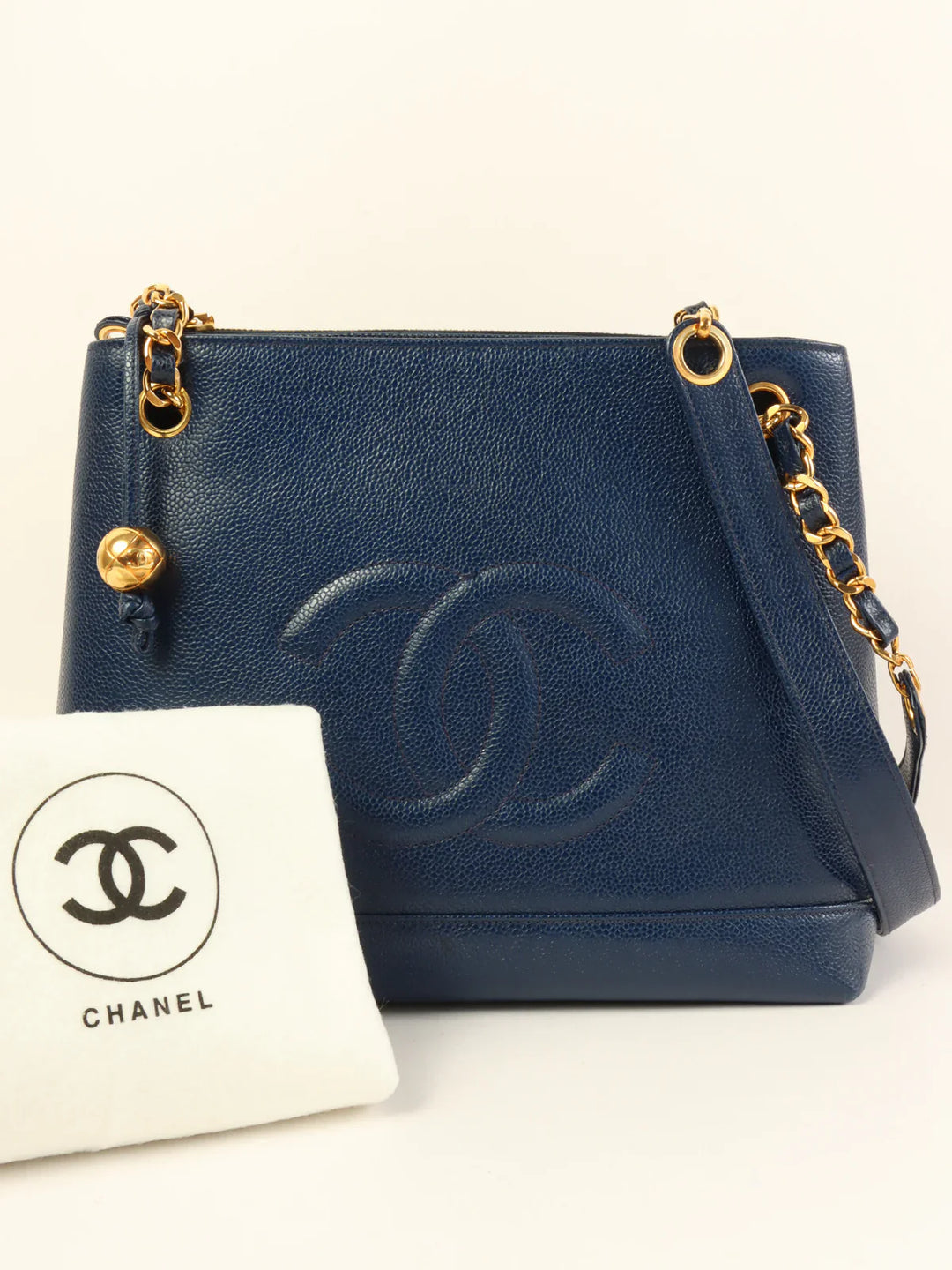 Chanel Around 1992 Made Caviar Skin Cc Mark Stitch Chain Tote Bag Navy
