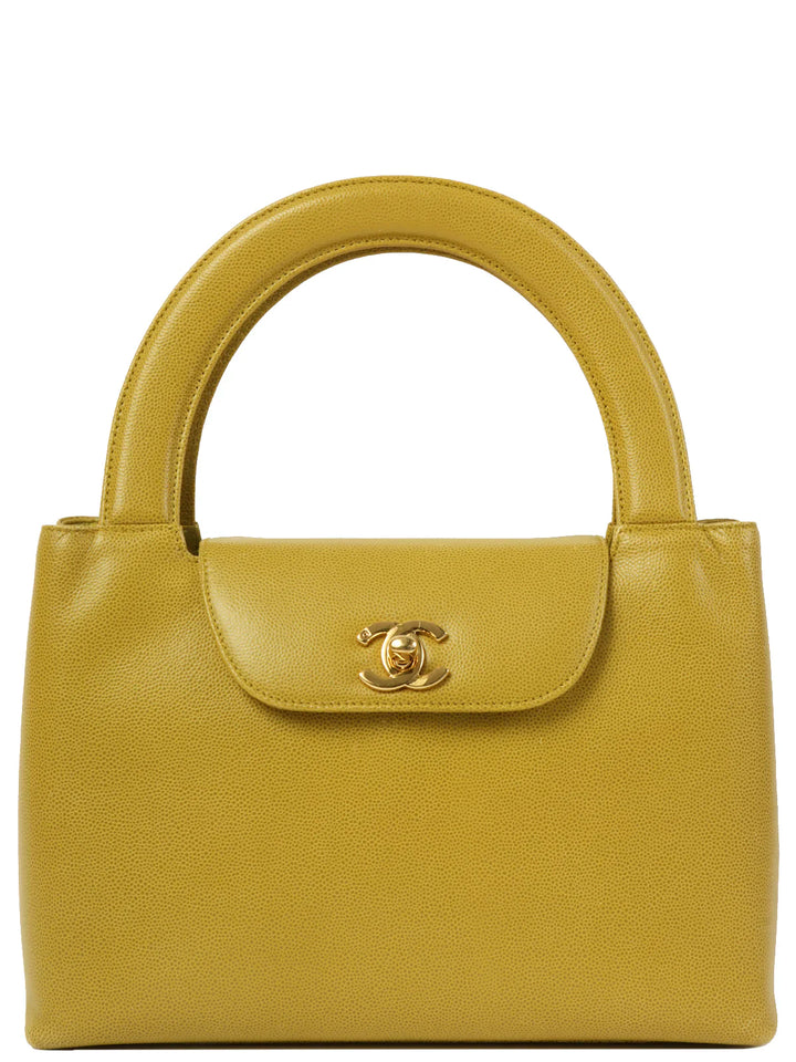 Chanel Around 1998 Made Caviar Skin Turn-Lcok Top Handle Bag Lime Yellow