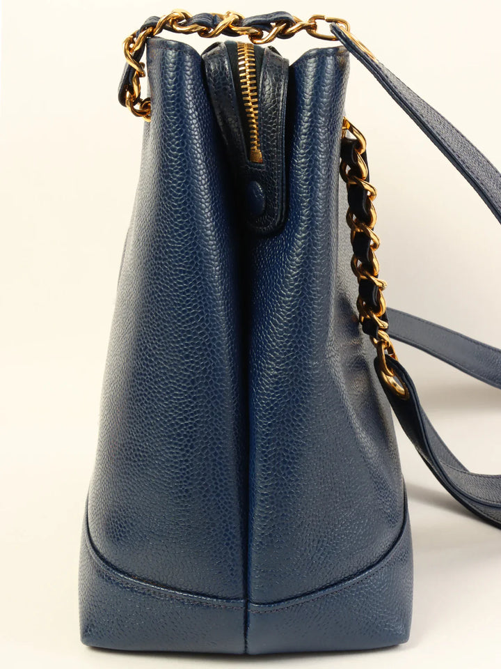Chanel Around 1992 Made Caviar Skin Cc Mark Stitch Chain Tote Bag Navy