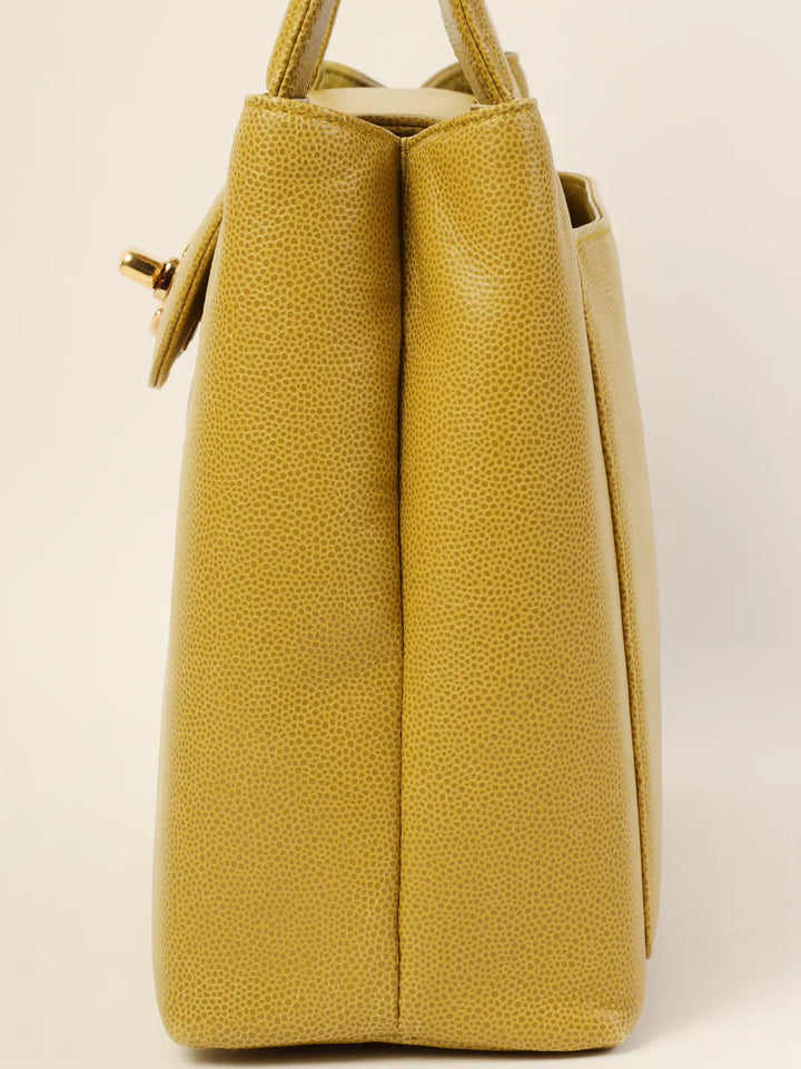 Chanel Around 1998 Made Caviar Skin Turn-Lcok Top Handle Bag Lime Yellow