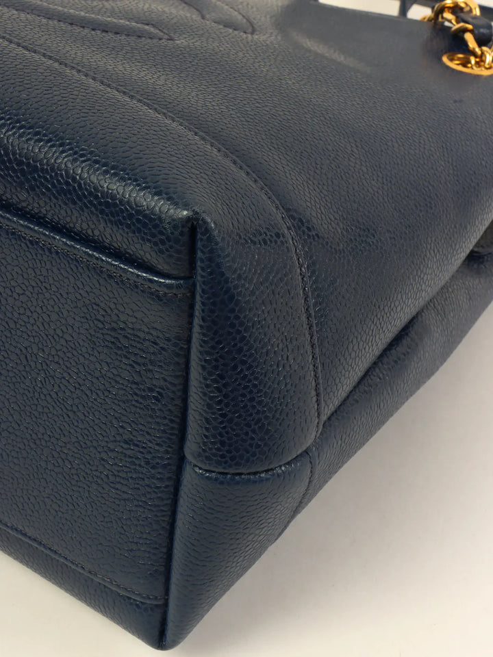 Chanel Around 1992 Made Caviar Skin Cc Mark Stitch Chain Tote Bag Navy