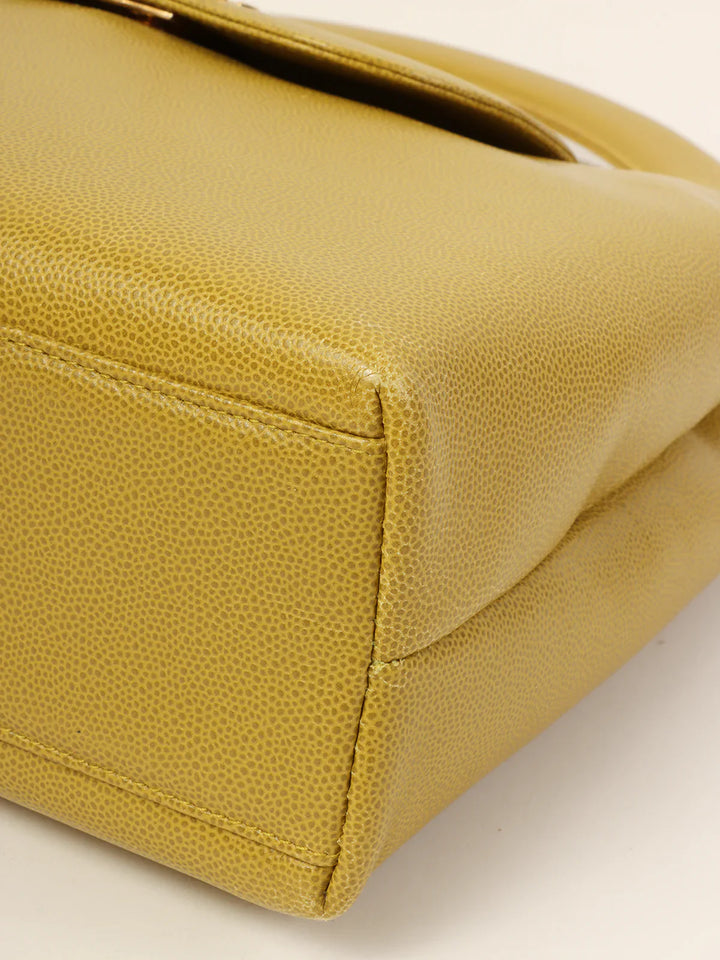 Chanel Around 1998 Made Caviar Skin Turn-Lcok Top Handle Bag Lime Yellow