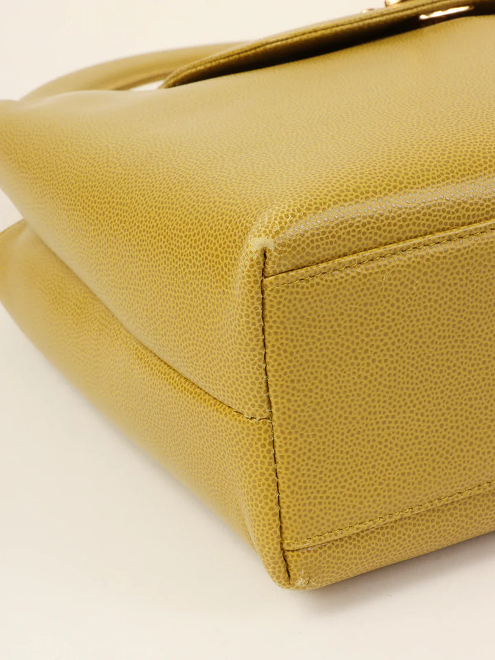 Chanel Around 1998 Made Caviar Skin Turn-Lcok Top Handle Bag Lime Yellow