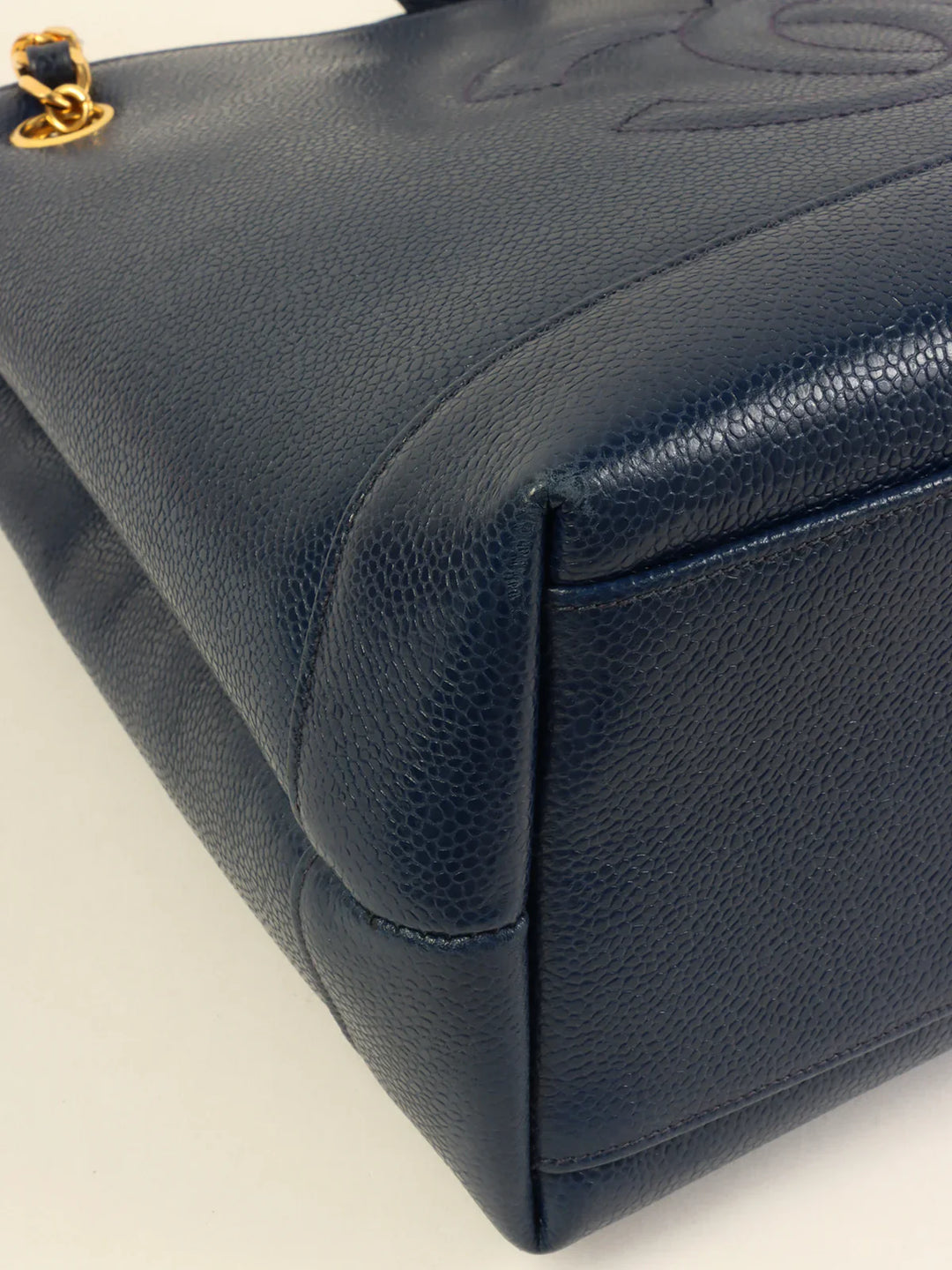 Chanel Around 1992 Made Caviar Skin Cc Mark Stitch Chain Tote Bag Navy