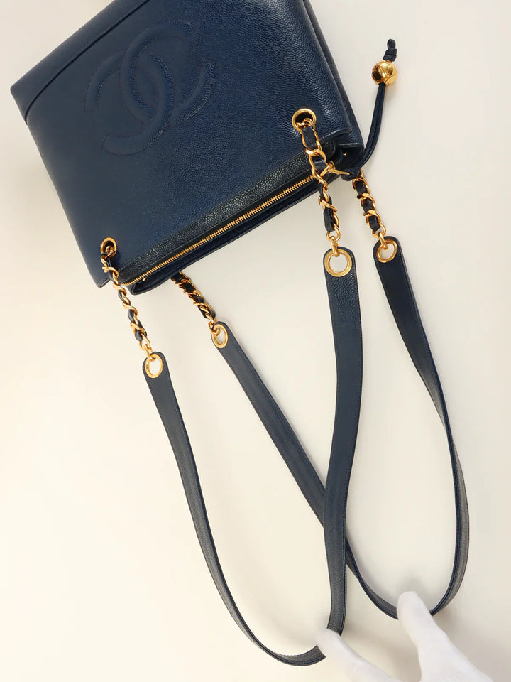 Chanel Around 1992 Made Caviar Skin Cc Mark Stitch Chain Tote Bag Navy