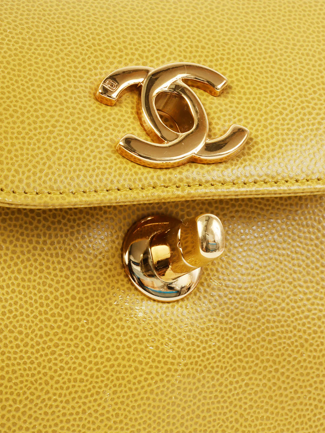 Chanel Around 1998 Made Caviar Skin Turn-Lcok Top Handle Bag Lime Yellow