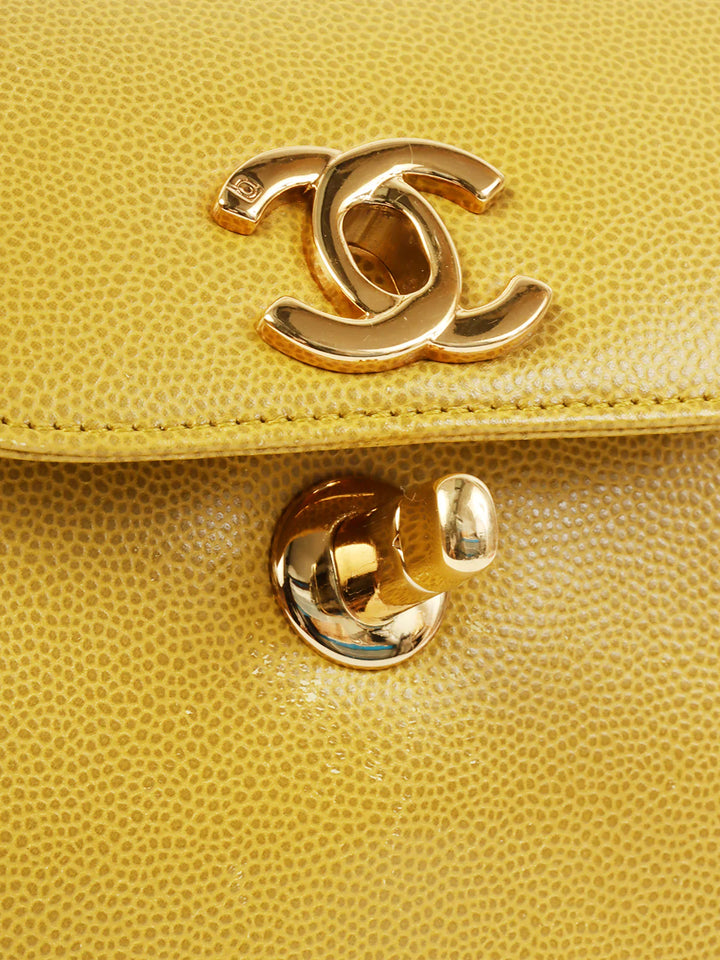 Chanel Around 1998 Made Caviar Skin Turn-Lcok Top Handle Bag Lime Yellow