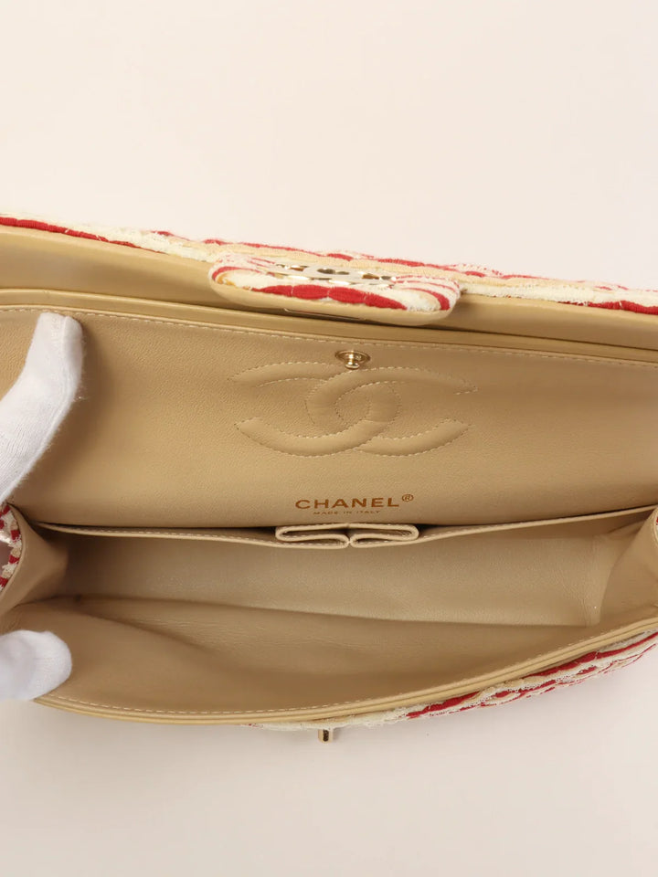 Chanel Around 2014 Made Cotton Striped Classic New Chain Bag Beige/Red/White