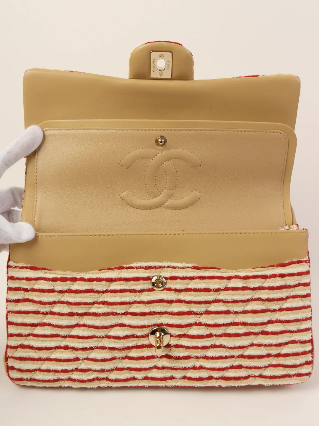 Chanel Around 2014 Made Cotton Striped Classic New Chain Bag Beige/Red/White