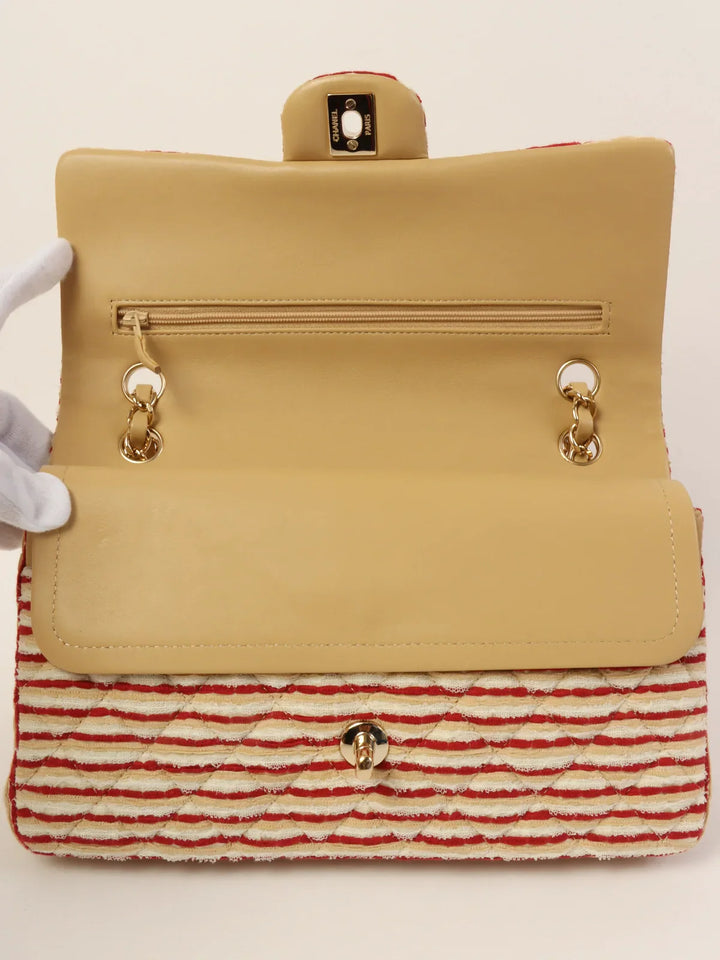 Chanel Around 2014 Made Cotton Striped Classic New Chain Bag Beige/Red/White