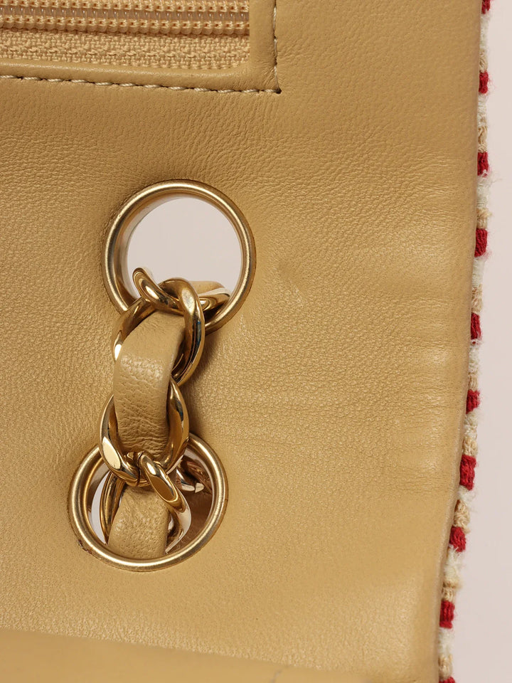 Chanel Around 2014 Made Cotton Striped Classic New Chain Bag Beige/Red/White