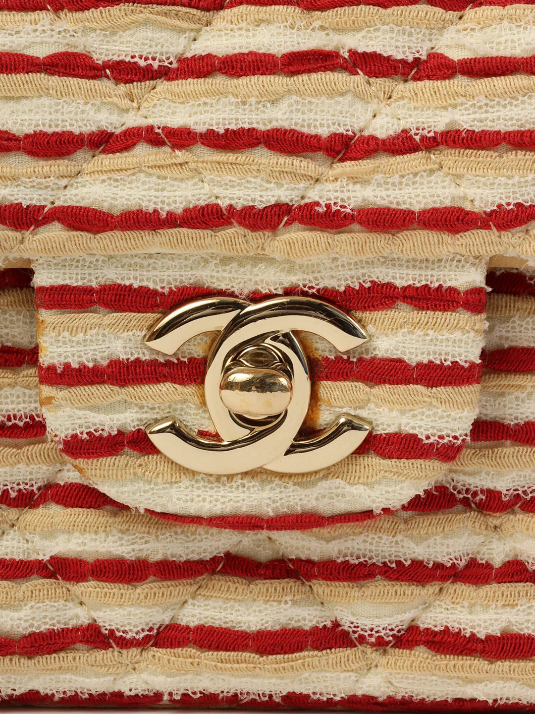 Chanel Around 2014 Made Cotton Striped Classic New Chain Bag Beige/Red/White