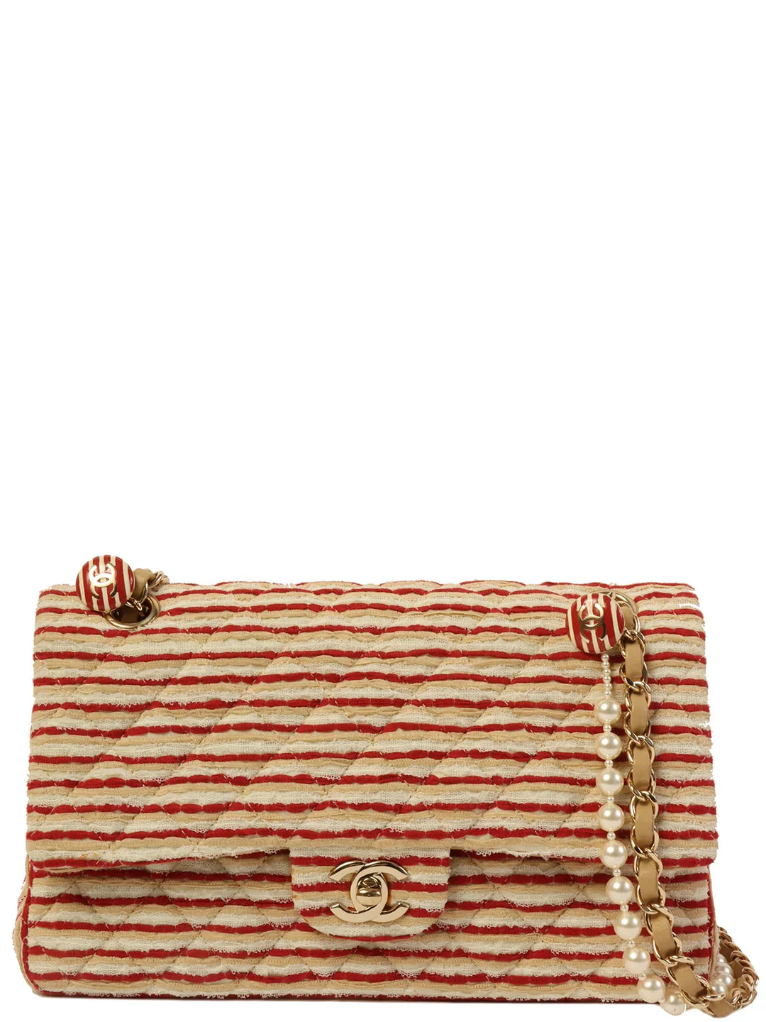 Chanel Around 2014 Made Cotton Striped Classic New Chain Bag Beige/Red/White