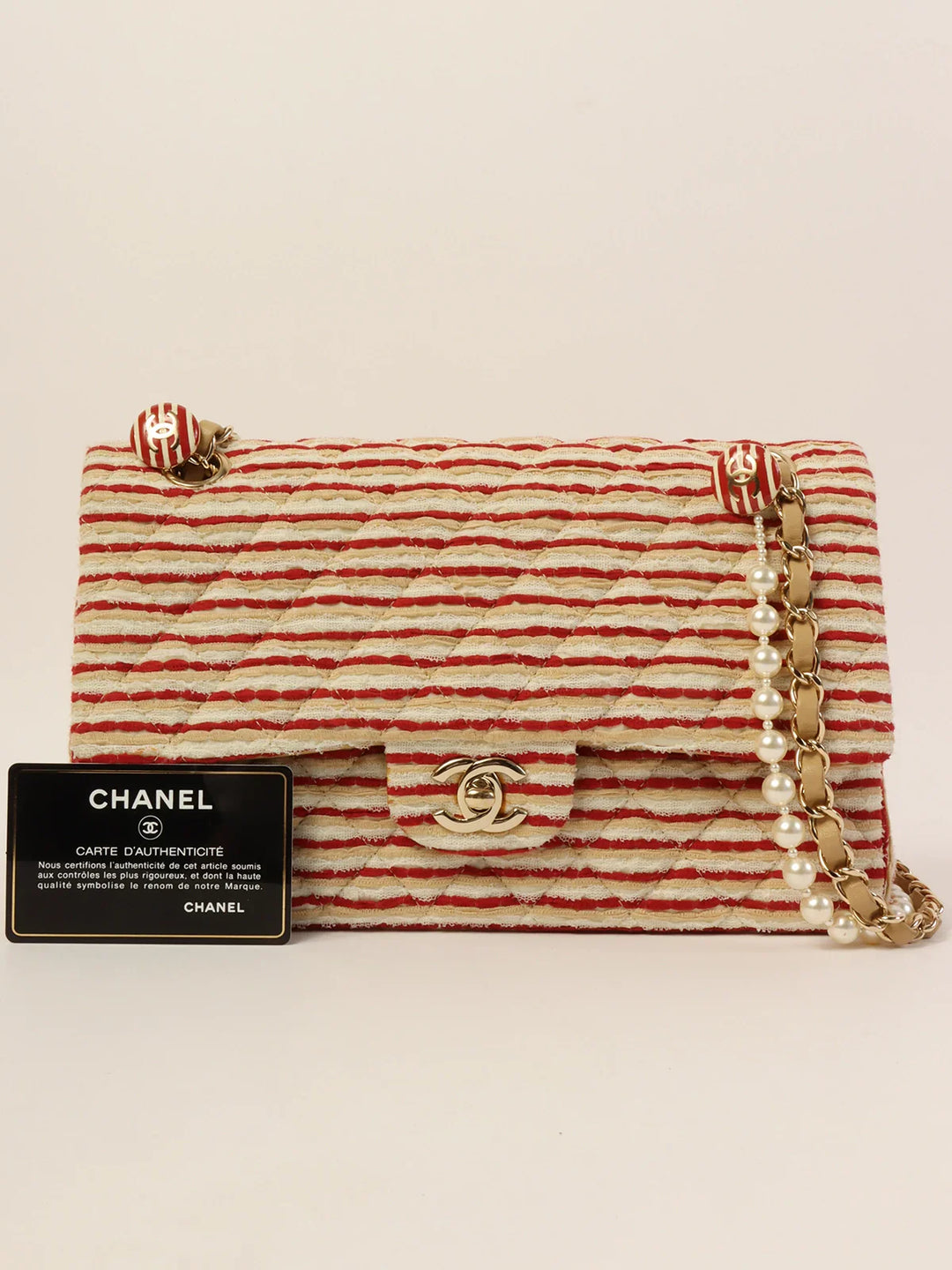 Chanel Around 2014 Made Cotton Striped Classic New Chain Bag Beige/Red/White