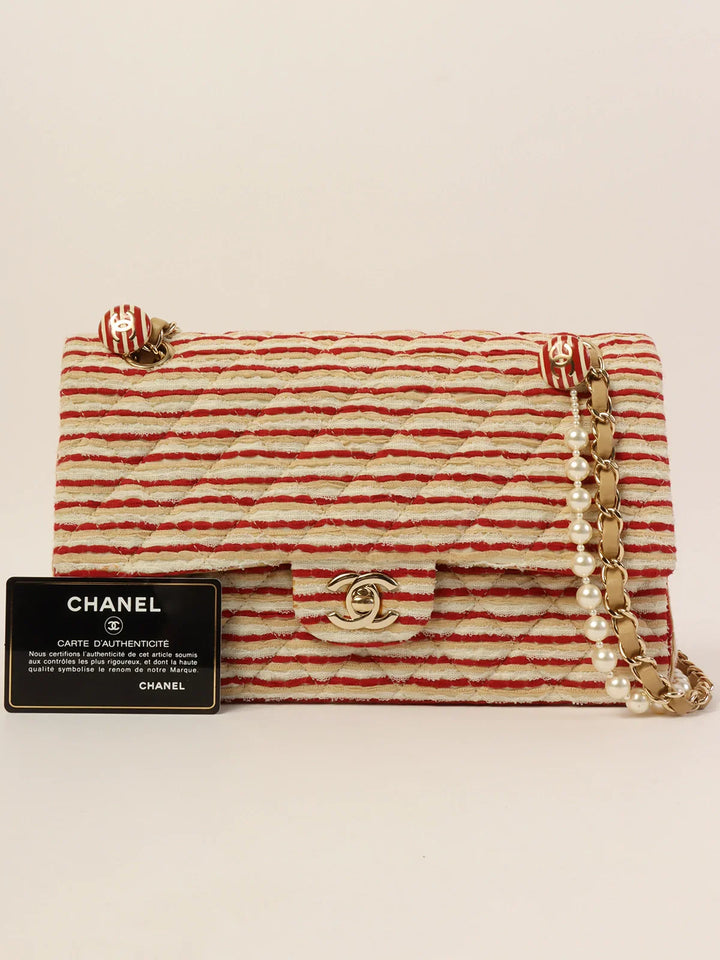 Chanel Around 2014 Made Cotton Striped Classic New Chain Bag Beige/Red/White