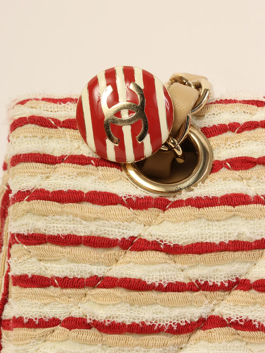 Chanel Around 2014 Made Cotton Striped Classic New Chain Bag Beige/Red/White