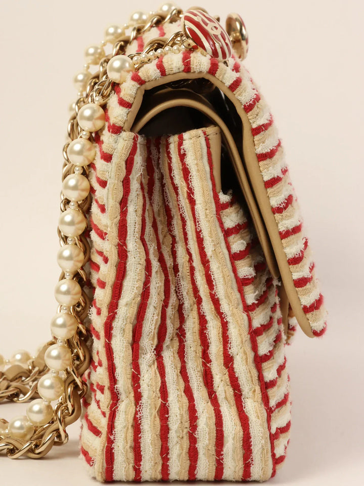 Chanel Around 2014 Made Cotton Striped Classic New Chain Bag Beige/Red/White