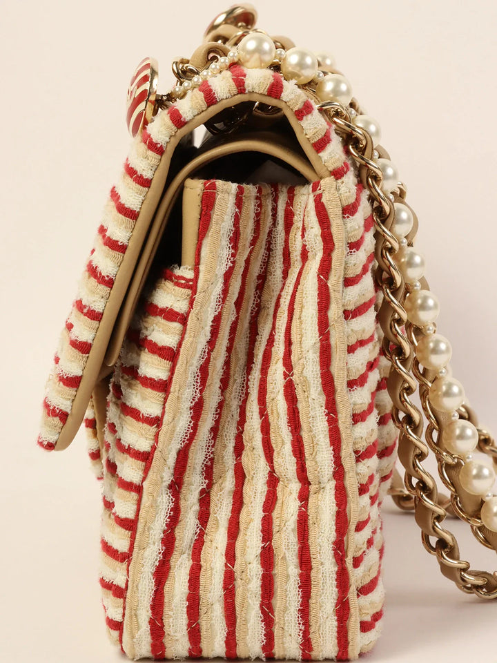 Chanel Around 2014 Made Cotton Striped Classic New Chain Bag Beige/Red/White