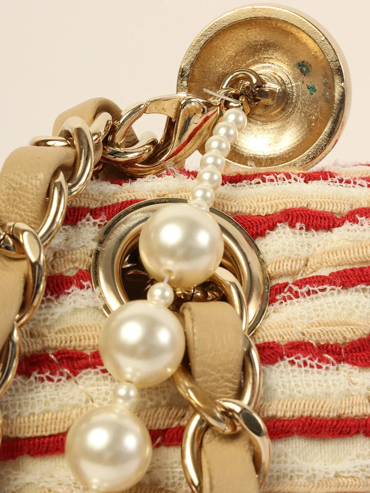 Chanel Around 2014 Made Cotton Striped Classic New Chain Bag Beige/Red/White