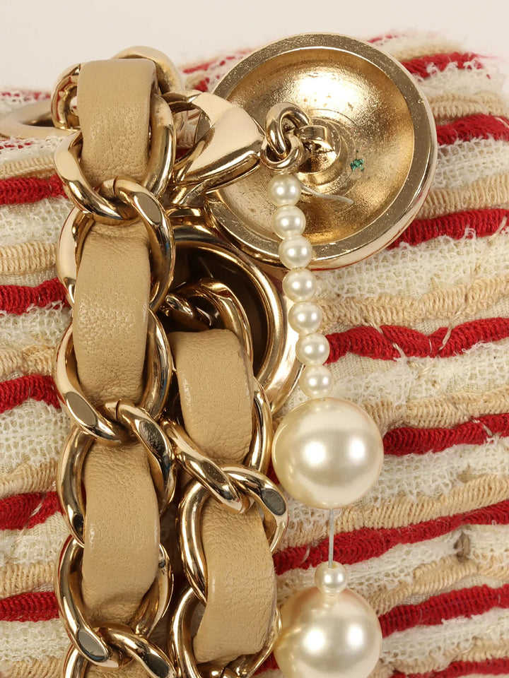 Chanel Around 2014 Made Cotton Striped Classic New Chain Bag Beige/Red/White