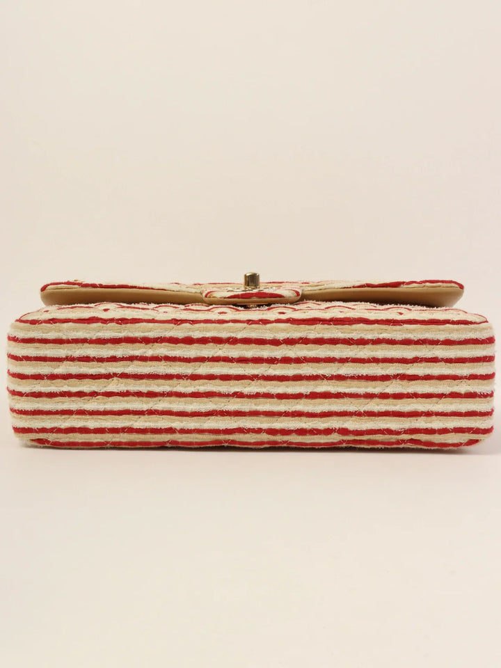 Chanel Around 2014 Made Cotton Striped Classic New Chain Bag Beige/Red/White