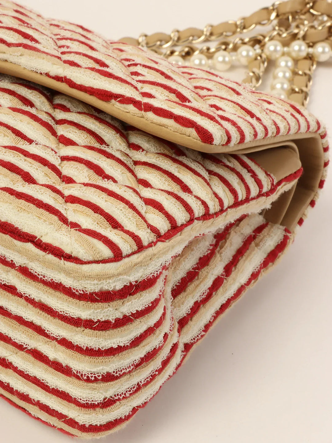 Chanel Around 2014 Made Cotton Striped Classic New Chain Bag Beige/Red/White
