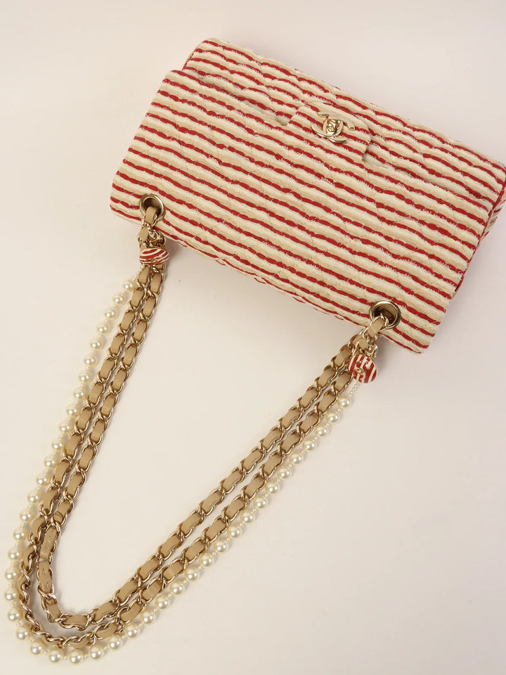 Chanel Around 2014 Made Cotton Striped Classic New Chain Bag Beige/Red/White