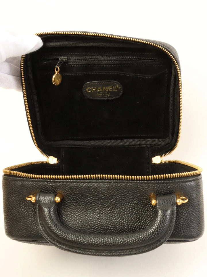 Chanel Around 1997 Made Caviar Skin Cc Mark Stitch 2Way Vanity Black