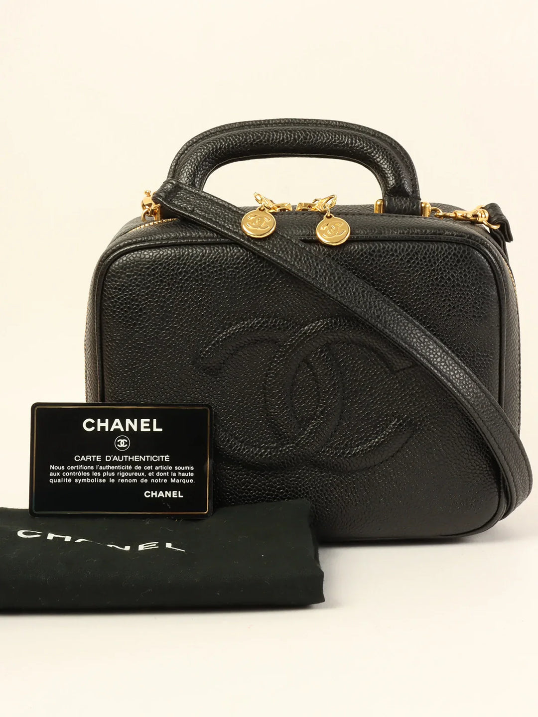 Chanel Around 1997 Made Caviar Skin Cc Mark Stitch 2Way Vanity Black