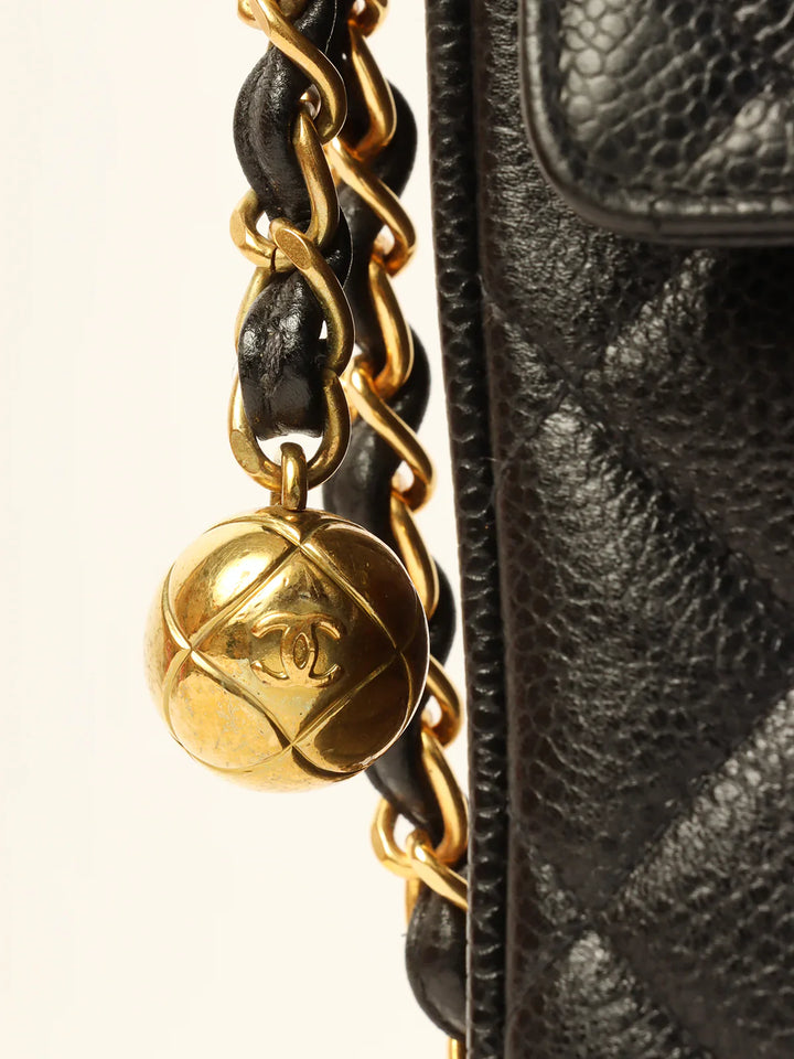 Chanel Around 1995 Made Caviar Skin Turn-Lock Ball Charm Shoulder Bag Black