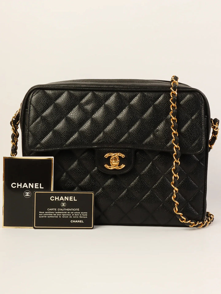 Chanel Around 1995 Made Caviar Skin Turn-Lock Ball Charm Shoulder Bag Black