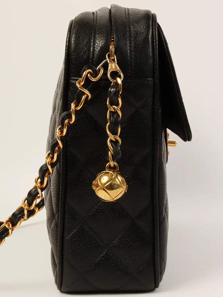 Chanel Around 1995 Made Caviar Skin Turn-Lock Ball Charm Shoulder Bag Black