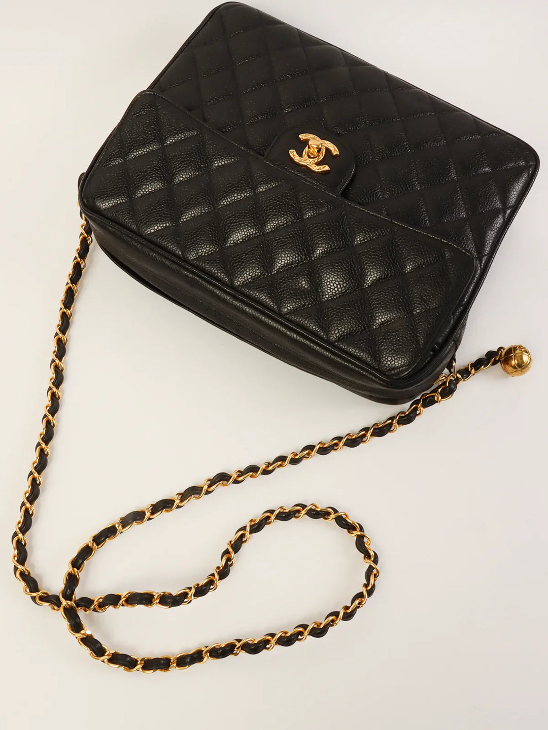 Chanel Around 1995 Made Caviar Skin Turn-Lock Ball Charm Shoulder Bag Black
