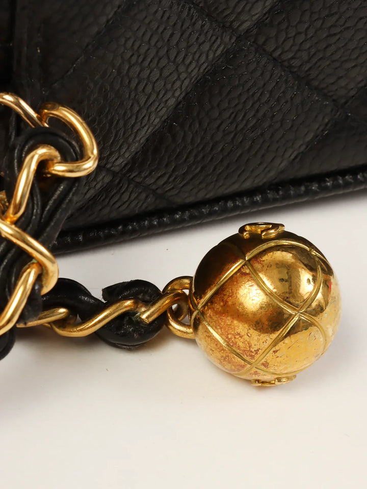 Chanel Around 1995 Made Caviar Skin Turn-Lock Ball Charm Shoulder Bag Black