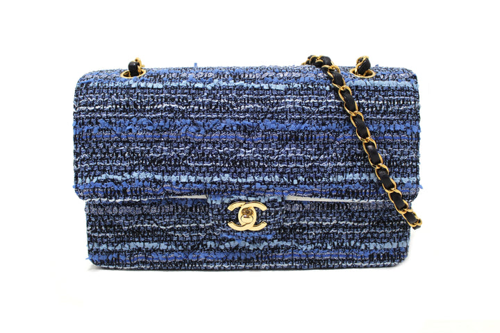 Chanel Blue Tweed and Leather Classic Medium Double Flap Shoulder Bag | Italystation.com