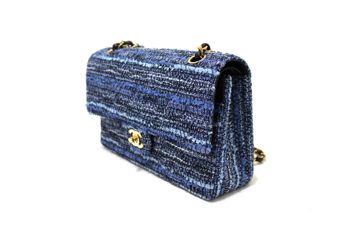 Top Quality Chanel Blue Tweed and Leather Classic Medium Double Flap Shoulder Bag