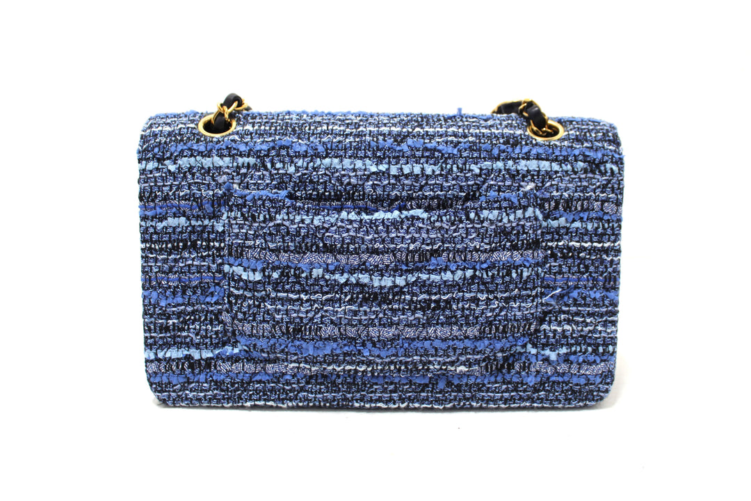Top Quality Chanel Blue Tweed and Leather Classic Medium Double Flap Shoulder Bag